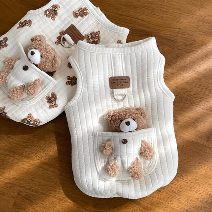 Pet Sweater Plush Bear Pattern Sleeveless Pet Clothing Puppy Outfit Kitten - Ivory - Size S