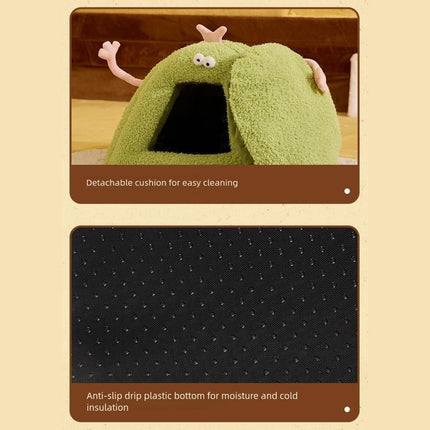 Winter Warm Cats Bed Cartoon Theme Design Highly Density Removable Cover Shelter House Rest Bed for Small Breeds Winter Warm Cats House - Green - Size 60cm*45cm