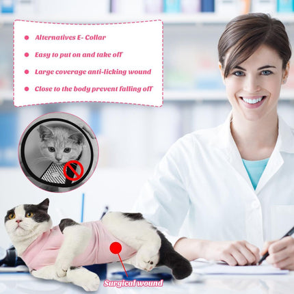 Cat Recovery Jumpsuit Abdominal Wound Protection Post-Surgery Cat Clothing - Pink - Size S(Above 16 oz)