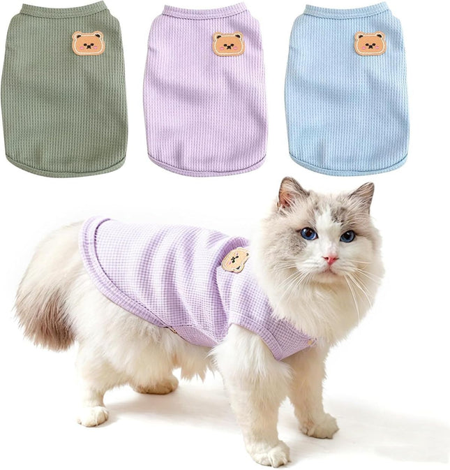 3PCS Waffle Knit Pet Shirt Sphynx Cat Clothing Small Dog T-Shirt Pet Fashion - Purple&Blue&Green / L(7.6-12lb)