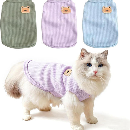 3PCS Waffle Knit Pet Shirt Sphynx Cat Clothing Small Dog T-Shirt Pet Fashion - Purple&Blue&Green / S(2-4lb)