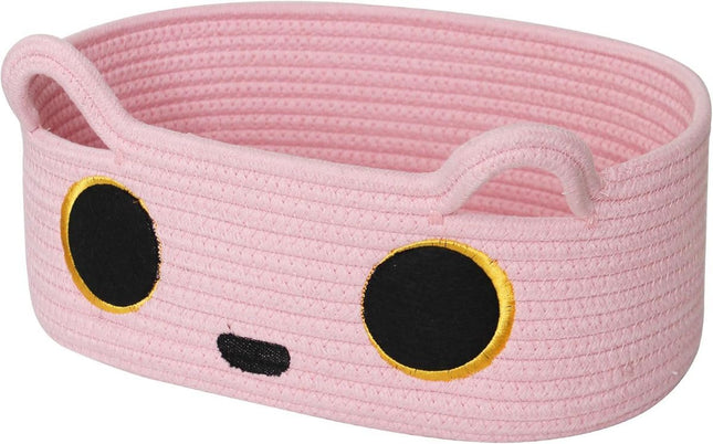 Cat Toy Basket, Small Woven Cat Toy Storage Box with Cute Ears Handle Indoor, Cotton Rope Storage Bin with Embroidered Face for Home Decor, Pet Bed, Baby Nursery Kids Room Organization - Pink - Size 13in*9in