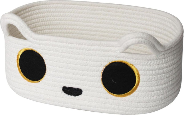 Cat Toy Basket, Small Woven Cat Toy Storage Box with Cute Ears Handle Indoor, Cotton Rope Storage Bin with Embroidered Face for Home Decor, Pet Bed, Baby Nursery Kids Room Organization - White - Size 13in*9in