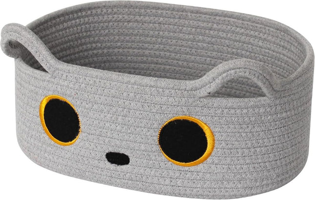 Cat Toy Basket, Small Woven Cat Toy Storage Box with Cute Ears Handle Indoor, Cotton Rope Storage Bin with Embroidered Face for Home Decor, Pet Bed, Baby Nursery Kids Room Organization - White - Size 13in*9in