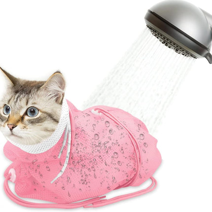 Cat Bath Bag Breathable Cat Shower Bag Anti-Scratch Cat Grooming Bag Adjustable - Pink - Size 19.6
