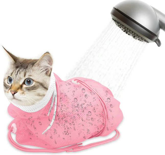 Cat Bath Bag Breathable Cat Shower Bag Anti-Scratch Cat Grooming Bag Adjustable - Pink - Size 19.6