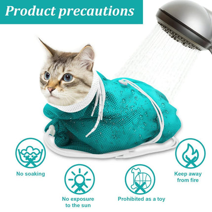 Cat Bath Bag Breathable Cat Shower Bag Anti-Scratch Cat Grooming Bag Adjustable - Turquoise - Size 19.6