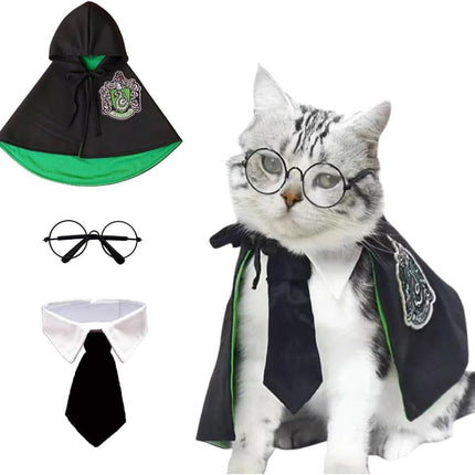 3PCS Halloween Dog Costume Cat Wizard Cape Glasses and Necktie Set Halloween Puppy Outfit Pet Academy Magician Cosplay Apparel for Kitten Cat Small Dogs - Black-Green - Size L