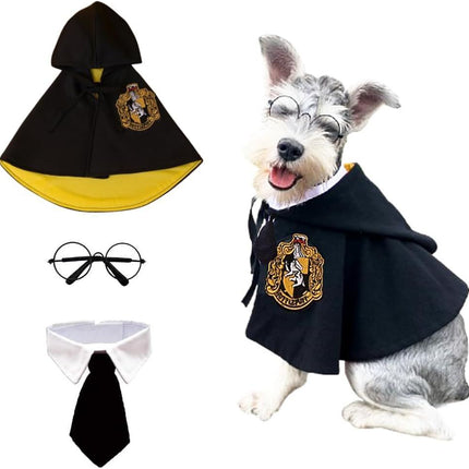 3PCS Halloween Dog Costume Cat Wizard Cape Glasses and Necktie Set Halloween Puppy Outfit Pet Academy Magician Cosplay Apparel for Kitten Cat Small Dogs - Black-Yellow - Size M