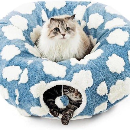 Cat Tunnel Bed with Washable Cushion for Indoor Cat, Donut Cave Tube Toys for Kitten Puppy Rabbit - Blue - Size 33.5in