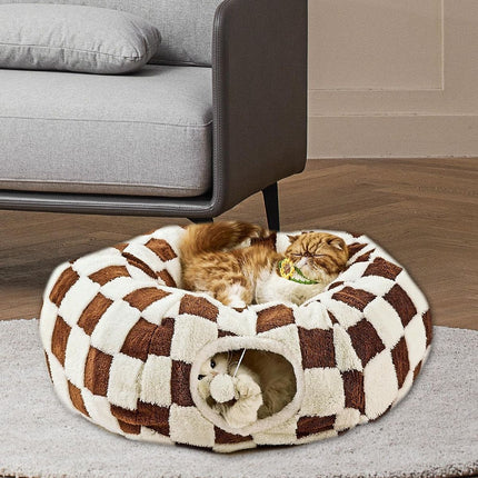 Cat Tunnel Bed with Washable Cushion for Indoor Cat, Donut Cave Tube Toys for Kitten Puppy Rabbit - Blue - Size 33.5in