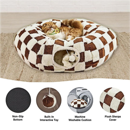 Cat Tunnel Bed with Washable Cushion for Indoor Cat, Donut Cave Tube Toys for Kitten Puppy Rabbit - Blue - Size 33.5in