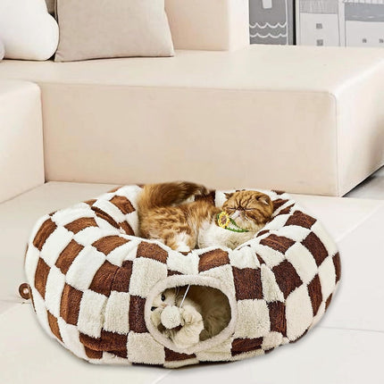 Cat Tunnel Bed with Washable Cushion for Indoor Cat, Donut Cave Tube Toys for Kitten Puppy Rabbit - Blue - Size 33.5in