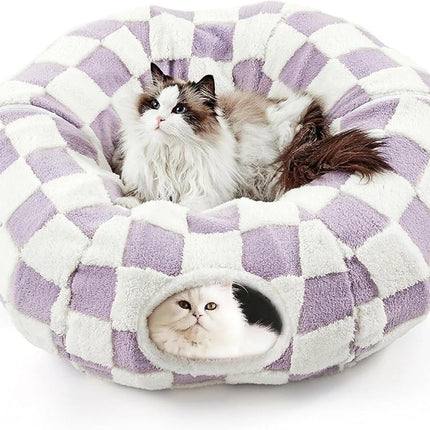 Cat Tunnel Bed with Washable Cushion for Indoor Cat, Donut Cave Tube Toys for Kitten Puppy Rabbit - Purple - Size 33.5in