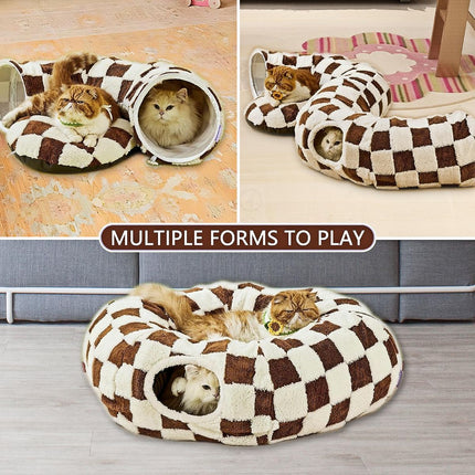 Cat Tunnel Bed with Washable Cushion for Indoor Cat, Donut Cave Tube Toys for Kitten Puppy Rabbit - Purple - Size 33.5in