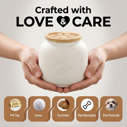 Small Pet Urn for Ashes, Cremation Memorial Urns for Cats & Dogs, Ceramic Paw Design Keepsake Jar with Wooden Lid, Pets Loss Sympathy Gift, 17oz - White - Size 3.9in*3.7in