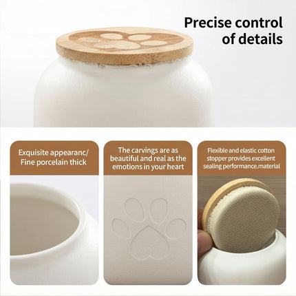 Small Pet Urn for Ashes, Cremation Memorial Urns for Cats & Dogs, Ceramic Paw Design Keepsake Jar with Wooden Lid, Pets Loss Sympathy Gift, 17oz - White - Size 3.9in*3.7in