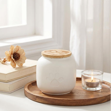Small Pet Urn for Ashes, Cremation Memorial Urns for Cats & Dogs, Ceramic Paw Design Keepsake Jar with Wooden Lid, Pets Loss Sympathy Gift, 17oz - White - Size 3.9in*3.7in