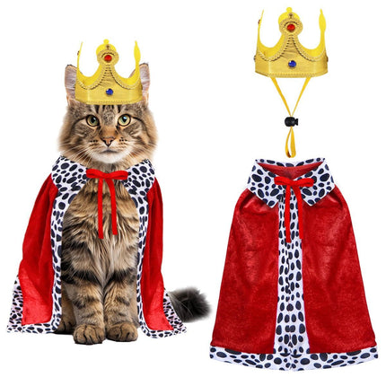 Cat Halloween Costume Cat King Costume Red Cape for Cat Gold Crown