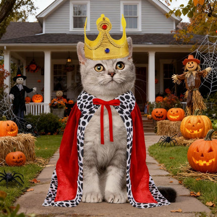 Cat Halloween Costume Cat King Costume Red Cape for Cat Gold Crown