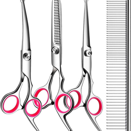 Dog Grooming Scissors Cat Grooming Scissors 4-In-1 Grooming Set (Red)