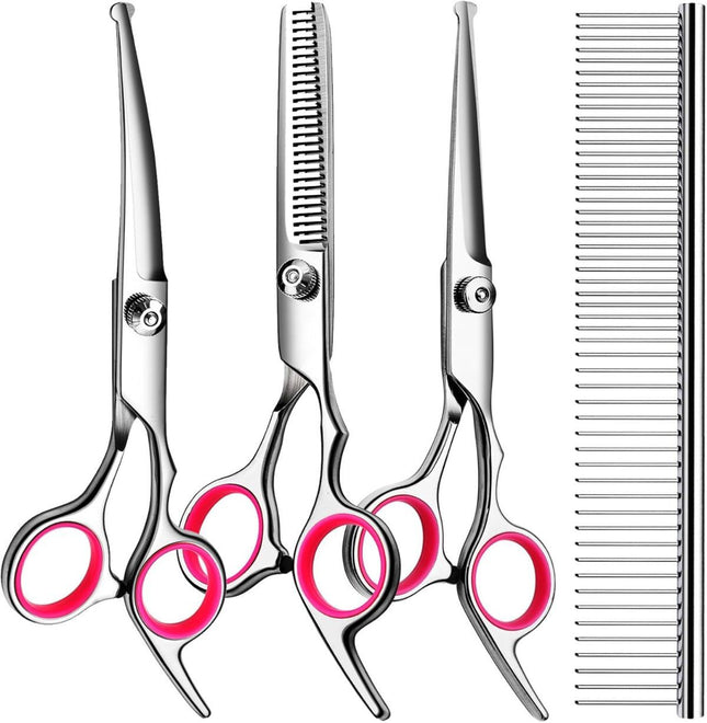 Dog Grooming Scissors Cat Grooming Scissors 4-In-1 Grooming Set (Red)
