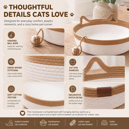 Cat Basket Hand-Woven Cat Bed Cat-Ear Handles Cotton Rope Cat Bed Indoor Cat - Brown - Size L