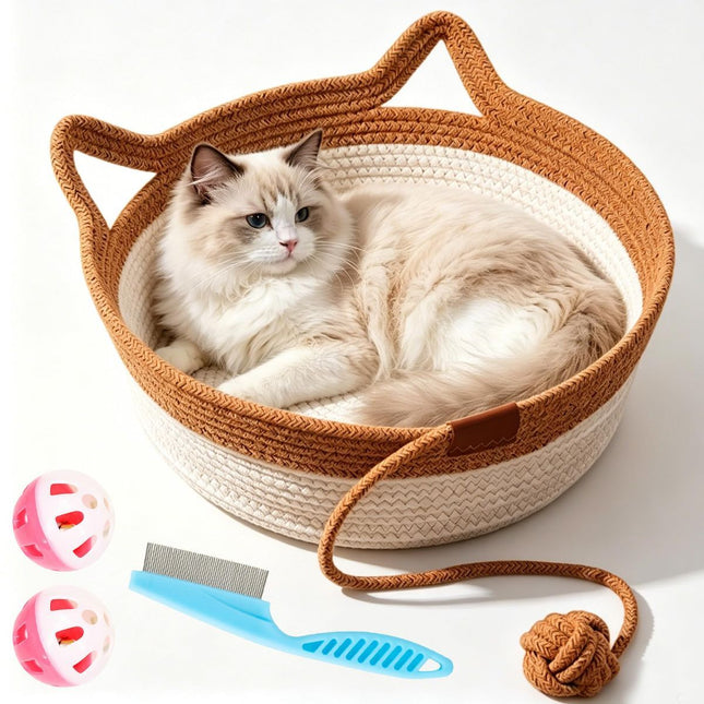 Cat Basket Hand-Woven Cat Bed Cat-Ear Handles Cotton Rope Cat Bed Indoor Cat - Brown - Size S