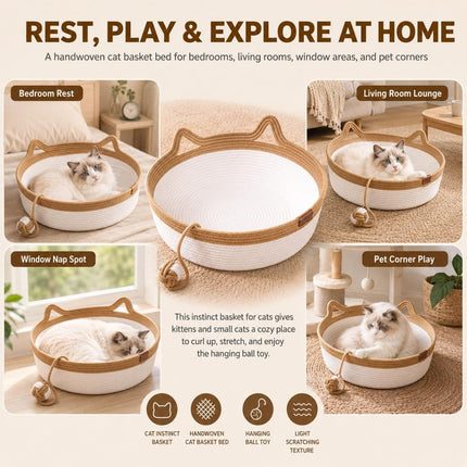 Cat Basket Hand-Woven Cat Bed Cat-Ear Handles Cotton Rope Cat Bed Indoor Cat - Green - Size L