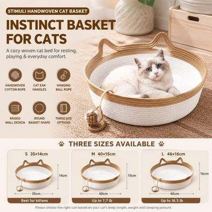 Cat Basket Hand-Woven Cat Bed Cat-Ear Handles Cotton Rope Cat Bed Indoor Cat - Green - Size S