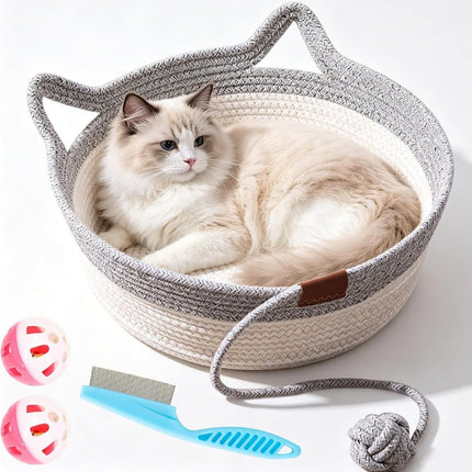 Cat Basket Hand-Woven Cat Bed Cat-Ear Handles Cotton Rope Cat Bed Indoor Cat - Gray - Size S