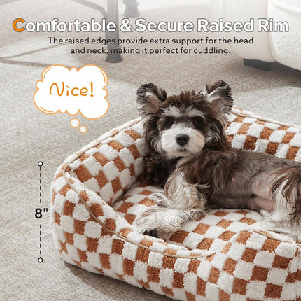 Dog Beds -Cute Cat Beds for Indoor Cats Calming Pet Beds, Rectangle Orthopedic Cuddle Puppy Bed with Jacquard Shaggy Plush & Anti Slip Bottom - Brown - Size M
