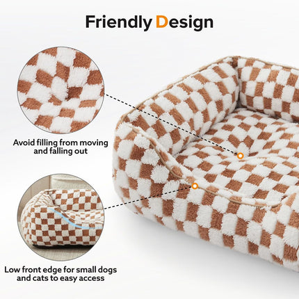Dog Beds -Cute Cat Beds for Indoor Cats Calming Pet Beds, Rectangle Orthopedic Cuddle Puppy Bed with Jacquard Shaggy Plush & Anti Slip Bottom - Brown - Size M