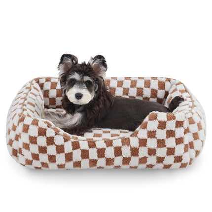 Dog Beds -Cute Cat Beds for Indoor Cats Calming Pet Beds, Rectangle Orthopedic Cuddle Puppy Bed with Jacquard Shaggy Plush & Anti Slip Bottom - Brown - Size S