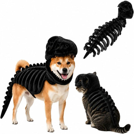 Dinosaur Skeleton Glow in Dark Dog and Cat Costume,Pet Dinosaur Costume,Plush Halloween Pet Hood Outfit - Black - Size 35.4in