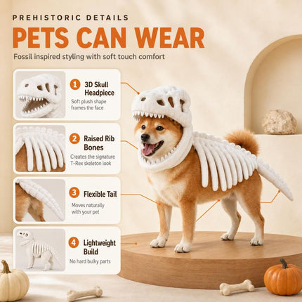 Dinosaur Skeleton Glow in Dark Dog and Cat Costume,Pet Dinosaur Costume,Plush Halloween Pet Hood Outfit - Black - Size 35.4in
