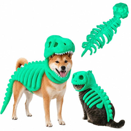 Dinosaur Skeleton Glow in Dark Dog and Cat Costume,Pet Dinosaur Costume,Plush Halloween Pet Hood Outfit - Green - Size 35.4in
