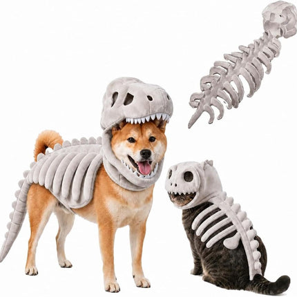 Dinosaur Skeleton Glow in Dark Dog and Cat Costume,Pet Dinosaur Costume,Plush Halloween Pet Hood Outfit - Gray - Size 35.4in