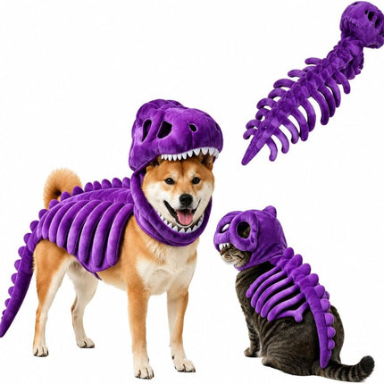 Dinosaur Skeleton Glow in Dark Dog and Cat Costume,Pet Dinosaur Costume,Plush Halloween Pet Hood Outfit - Purple - Size 47.2in