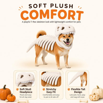 Dinosaur Skeleton Glow in Dark Dog and Cat Costume,Pet Dinosaur Costume,Plush Halloween Pet Hood Outfit - White - Size 35.4in
