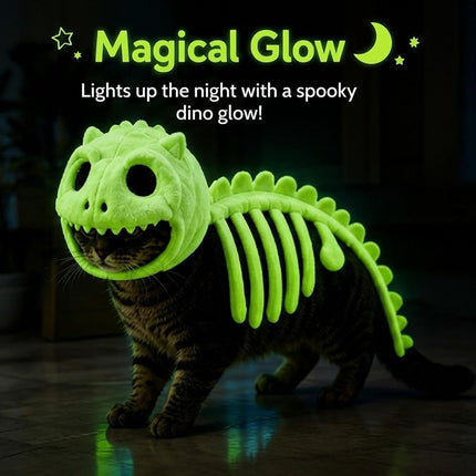 Dinosaur Skeleton Glow in Dark Dog and Cat Costume,Pet Dinosaur Costume,Plush Halloween Pet Hood Outfit - White - Size 35.4in