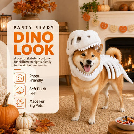 Dinosaur Skeleton Glow in Dark Dog and Cat Costume,Pet Dinosaur Costume,Plush Halloween Pet Hood Outfit - White - Size 35.4in