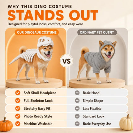 Dinosaur Skeleton Glow in Dark Dog and Cat Costume,Pet Dinosaur Costume,Plush Halloween Pet Hood Outfit - White - Size 35.4in