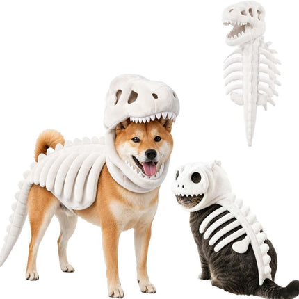 Dinosaur Skeleton Glow in Dark Dog and Cat Costume,Pet Dinosaur Costume,Plush Halloween Pet Hood Outfit - White - Size 47.2in