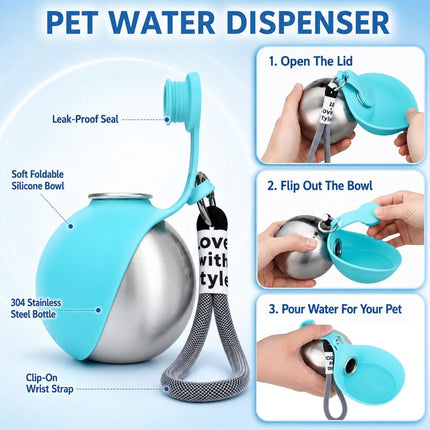 Portable Dog Water Bottle 2-In-1 Dog Water Dispenser Stainless Steel Pet Water