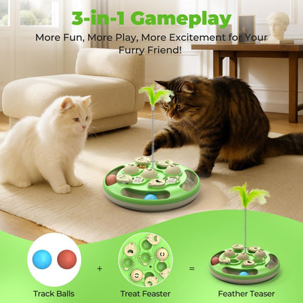 cat toy, 3-in-1 cat treat feeder, cat puzzle toy, trackball cat toy, feather teaser cat toy, slow-feeder cat toy, cat mental stimulation toy, indoor cat toy Australia, interactive cat puzzle