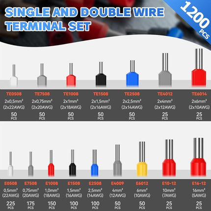 TE 1200PCS Double Wire Ferrule Terminals Kit Pre-Insulated Crimp Connector Set