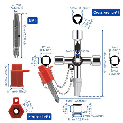 2Pcs 4-Way Universal Utility Key, Multifunctional Cross Key Wrench for Electrical Cabinet, Water Meter, Gas Valve & Elevator, Heavy Duty Pagoda Key with PH2/SL6 Bit & Hex Socket
