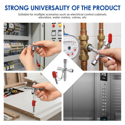 2Pcs 4-Way Universal Utility Key, Multifunctional Cross Key Wrench for Electrical Cabinet, Water Meter, Gas Valve & Elevator, Heavy Duty Pagoda Key with PH2/SL6 Bit & Hex Socket