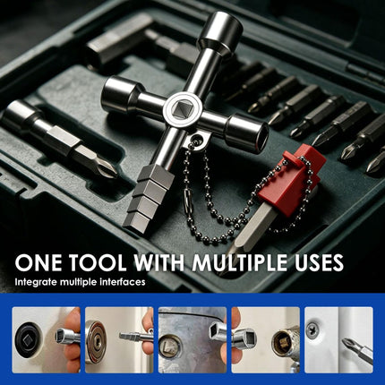 2Pcs 4-Way Universal Utility Key, Multifunctional Cross Key Wrench for Electrical Cabinet, Water Meter, Gas Valve & Elevator, Heavy Duty Pagoda Key with PH2/SL6 Bit & Hex Socket
